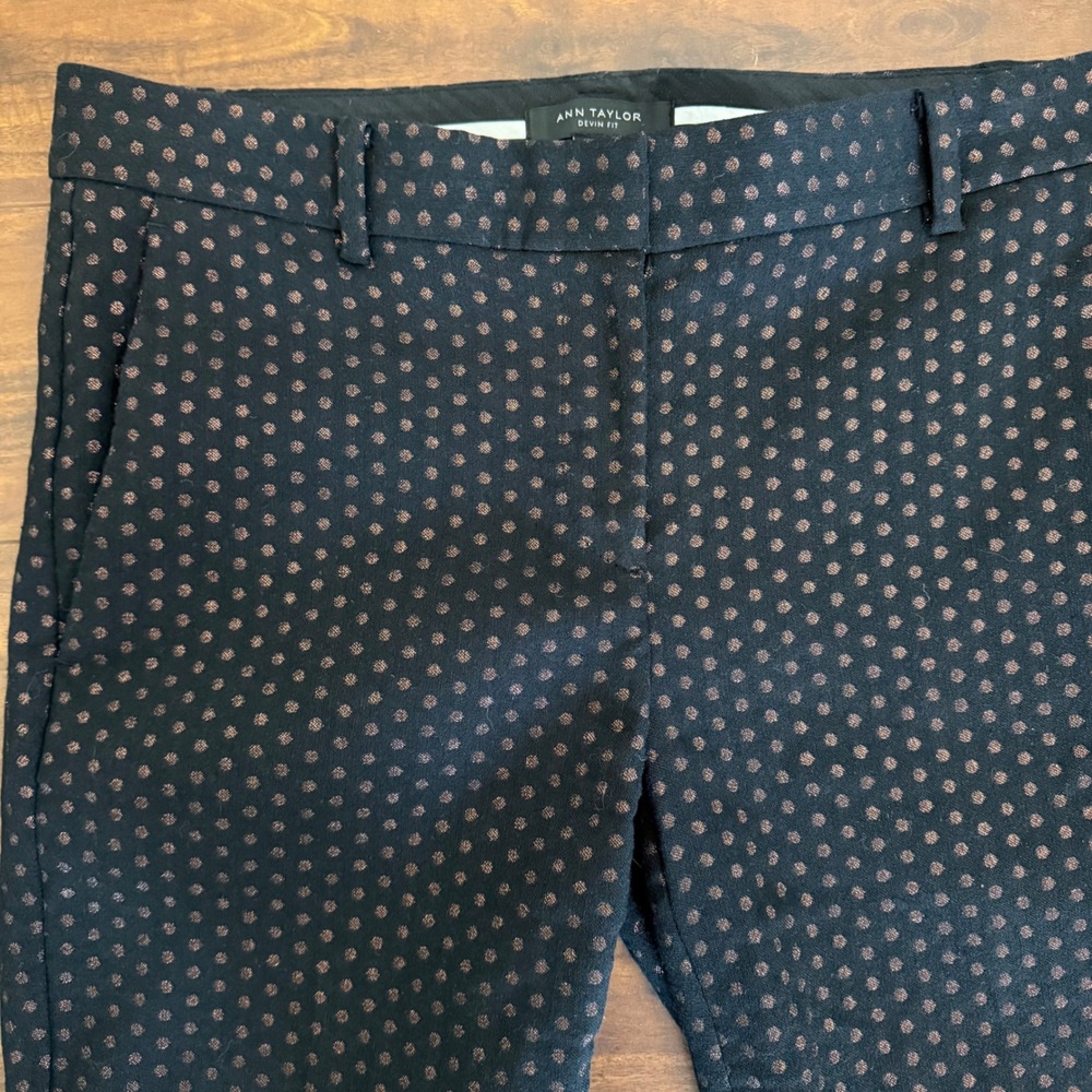 Ann Taylor Devin Fit Rose Gold Metallic Polka Dot Ankle Pants Size 4 Slim Office - Picture 2 of 12